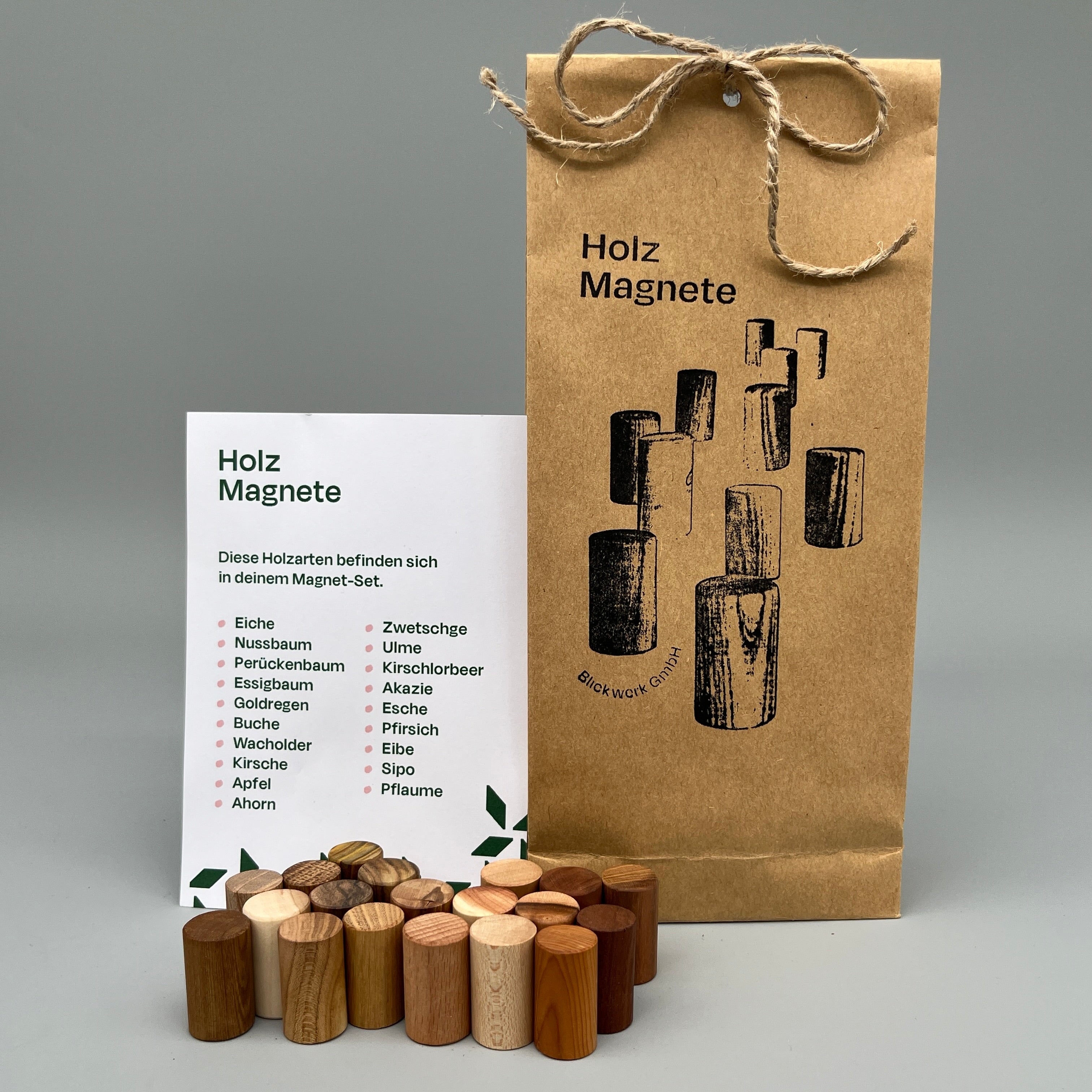 Holzmagnete – Set mit 19 verschiedenen Holzarten