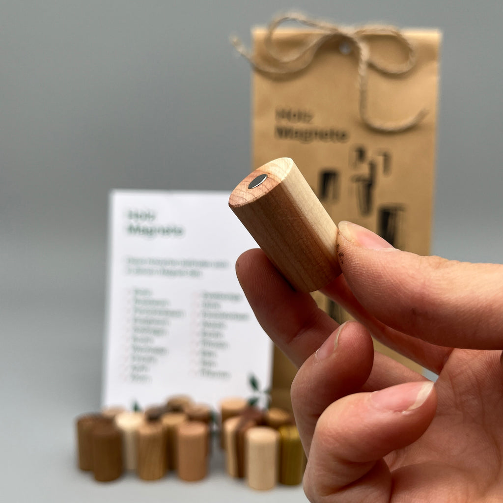 Holzmagnete – Set mit 19 verschiedenen Holzarten